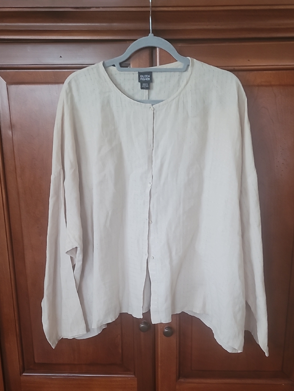 Eileen Fisher Cream Button-Front Irish Linen Lagenlook Top L